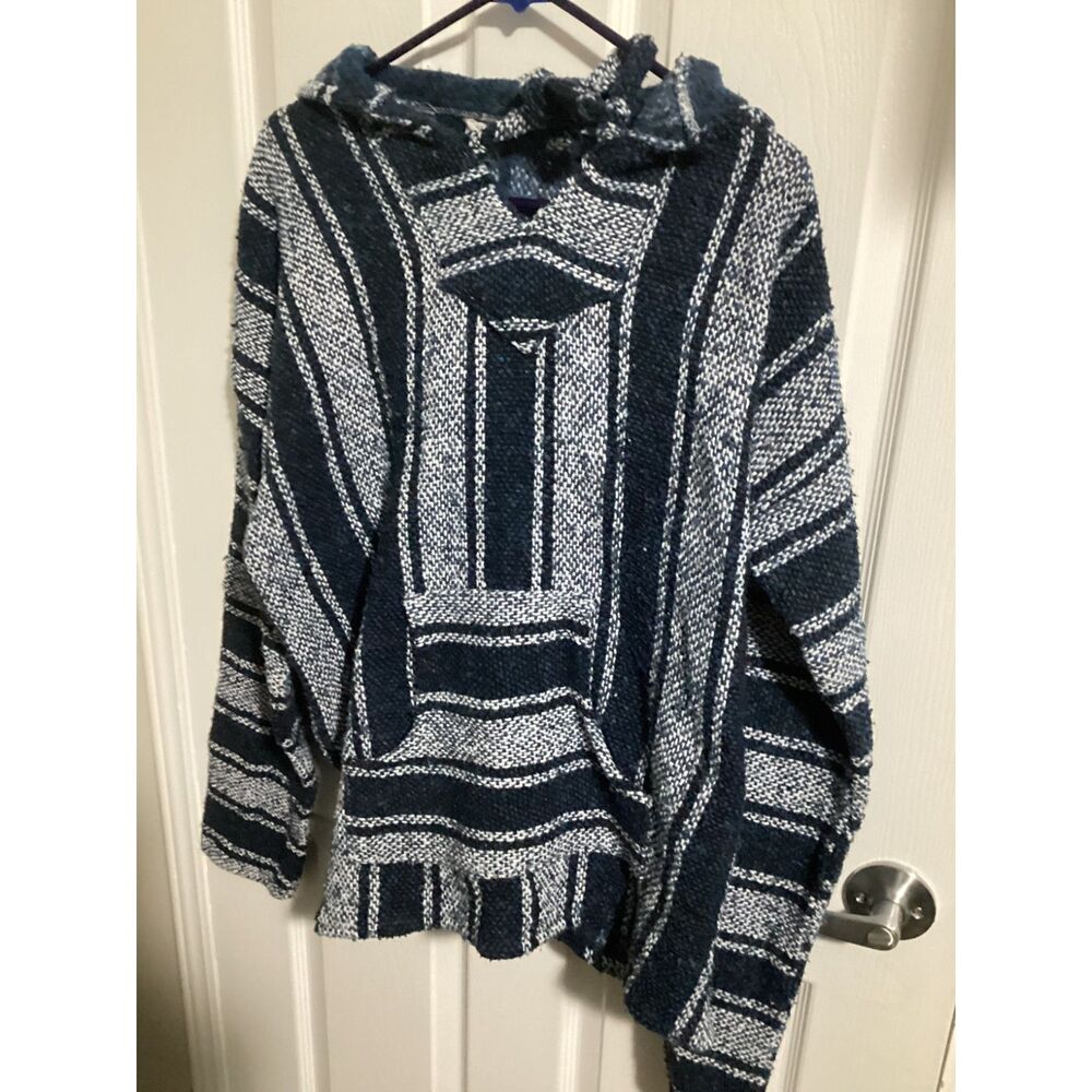 Vintage Bordados Baja Knit Hoodie Mexico Hippie Retro Sweatshirt Men's LG